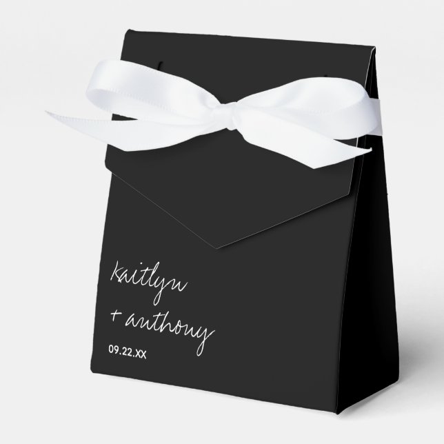 Modern Black & White Script Minimalistic Wedding Favor Boxes (Front Side)