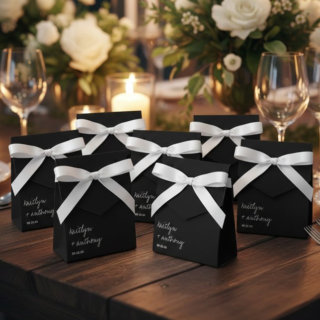 Modern Black & White Script Minimalistic Wedding Favor Boxes (Creator Uploaded)