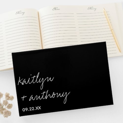 Modern Black  White Script Minimalistic Wedding Guest Book