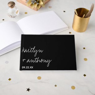 Modern Black & White Script Minimalistic Wedding Guest Book