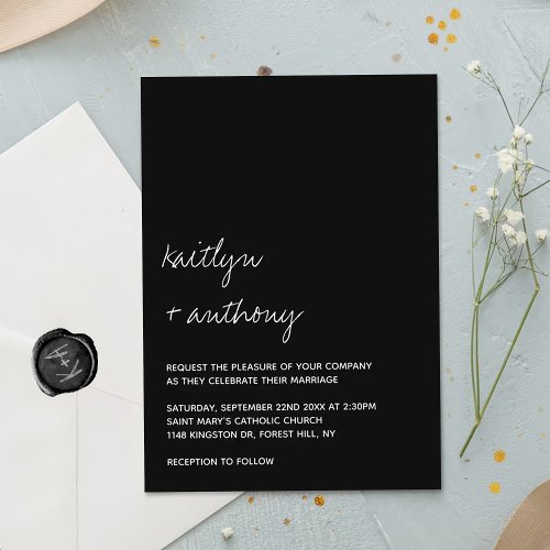 Modern Black  White Script Minimalistic Wedding Invitation