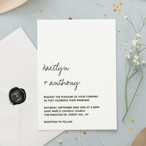 Modern Black  White Script Minimalistic Wedding Invitation