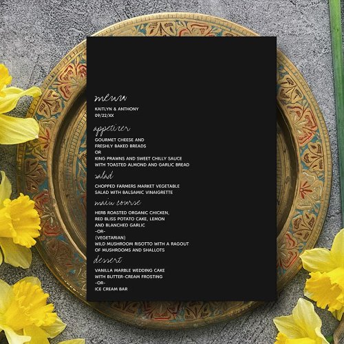 Modern Black  White Script Minimalistic Wedding Menu