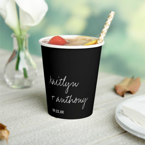 Modern Black  White Script Minimalistic Wedding Paper Cups
