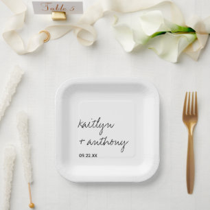 Modern Black & White Script Minimalistic Wedding Paper Plates