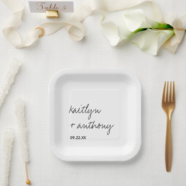 Modern Black & White Script Minimalistic Wedding Paper Plates (Wedding)
