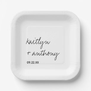 Modern Black & White Script Minimalistic Wedding Paper Plates
