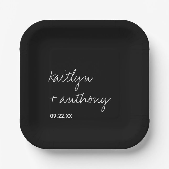 Modern Black & White Script Minimalistic Wedding Paper Plates (Front)