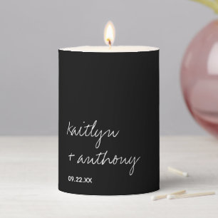 Modern Black & White Script Minimalistic Wedding Pillar Candle