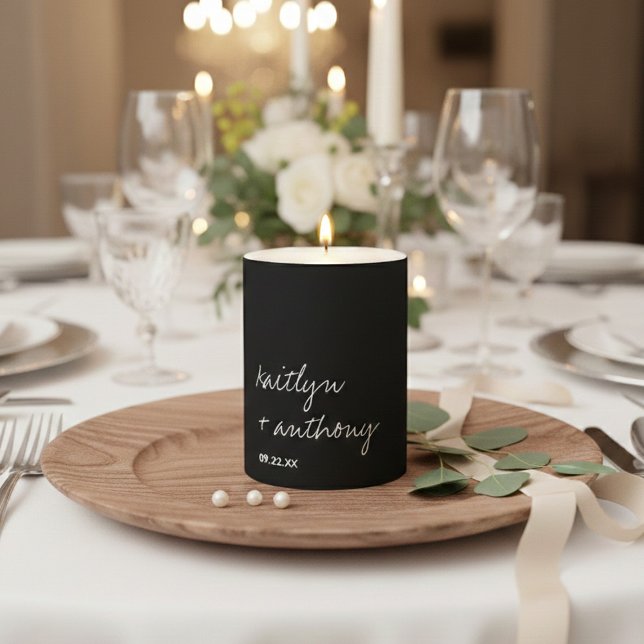 Modern Black & White Script Minimalistic Wedding Pillar Candle (Creator Uploaded)