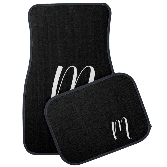 Modern Black White Script Monogram Initial Car Floor Mat (Set)