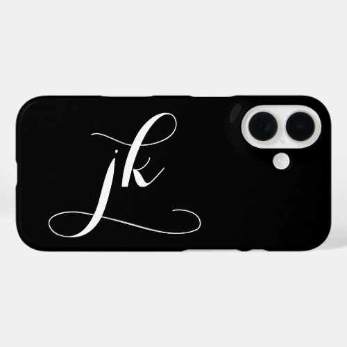 Modern Black White Script Monogram Name iPhone 16 Case