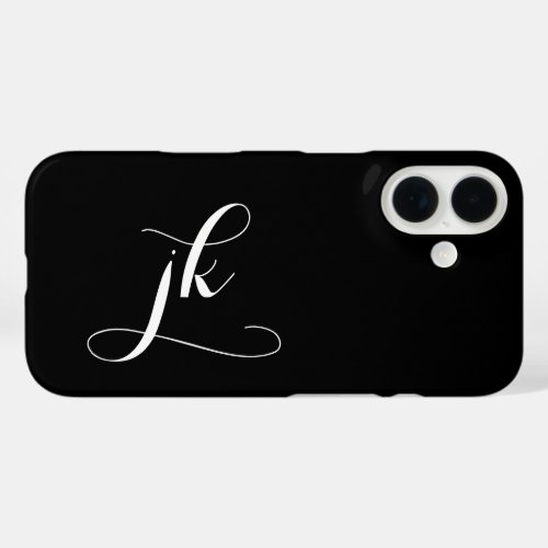 Modern Black White Script Monogram Name iPhone 16 Case