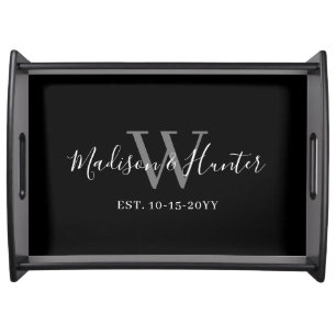 Modern Black White Script Monogram Newlyweds Serving Tray