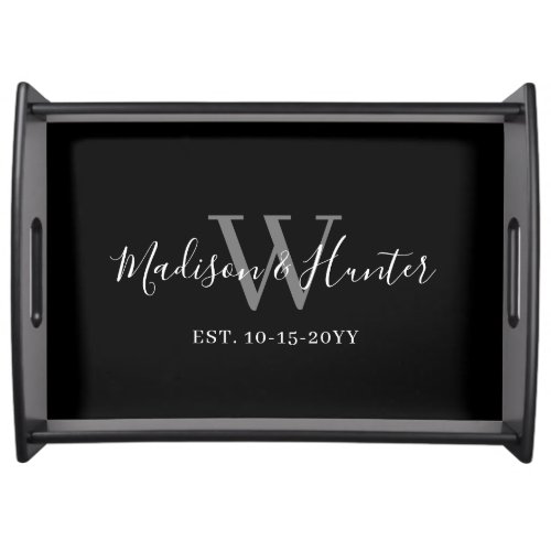 Modern Black White Script Monogram Newlyweds Serving Tray