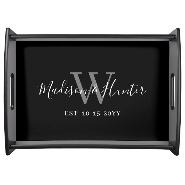 Modern Black White Script Monogram Newlyweds Serving Tray (Front)