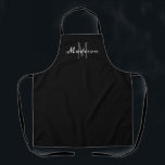Modern Black White Script Monogram Personalized Apron<br><div class="desc">Show your style with this Modern Black White Script Monogram Personalized Apron. It is designed with a solid black all-over-print background and initial is in grey and name is in white calligraphy script lettering. Makes a great gift idea for women who love to bake and cook. Click personalize template option...</div>