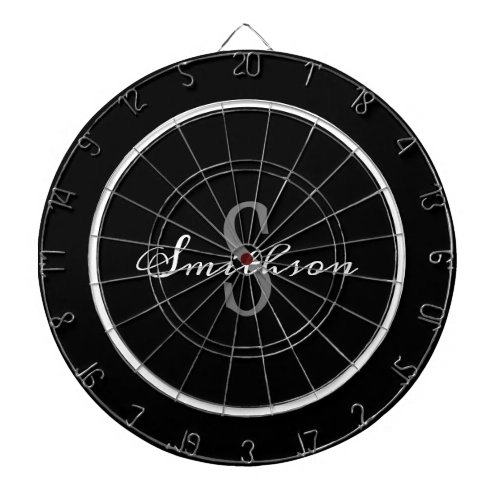 Modern Black White Script Monogram Personalized Dart Board