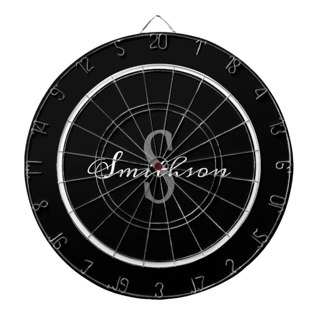 Modern Black White Script Monogram Personalized Dart Board (Front)