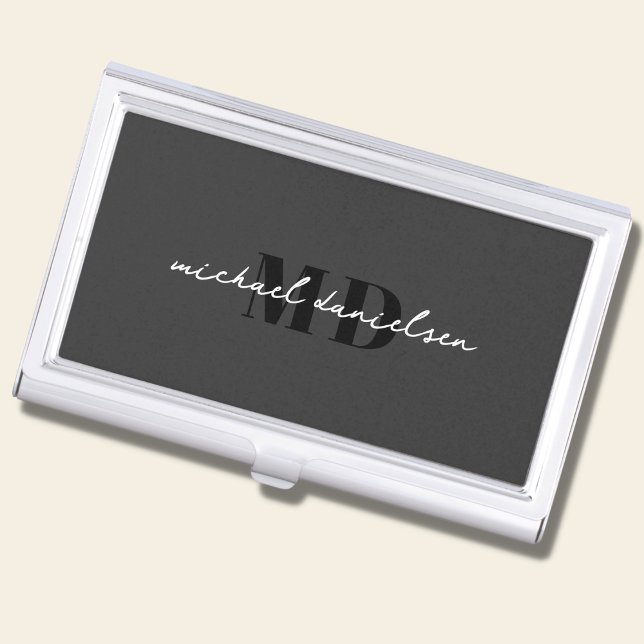 Modern Black & White Script Monogrammed Business Card Case (Creator Uploaded)