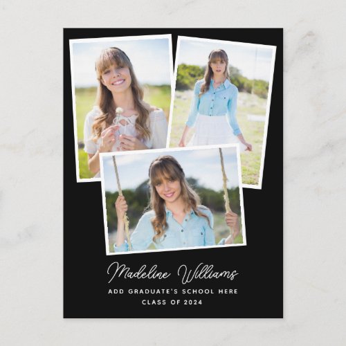 Modern Black  White Script Multi Photo Graduation Postcard