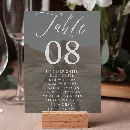 Modern black white script names photos wedding table number