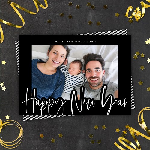 Modern Black  White Script New Year Photo Holiday Card