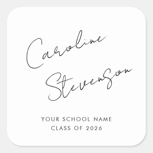 Modern Black White Script Personalized Graduation Square Sticker