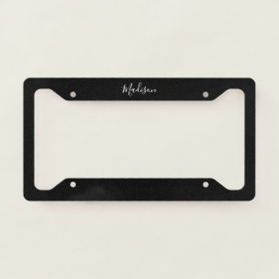 Modern Black White Script Personalized Name License Plate Frame