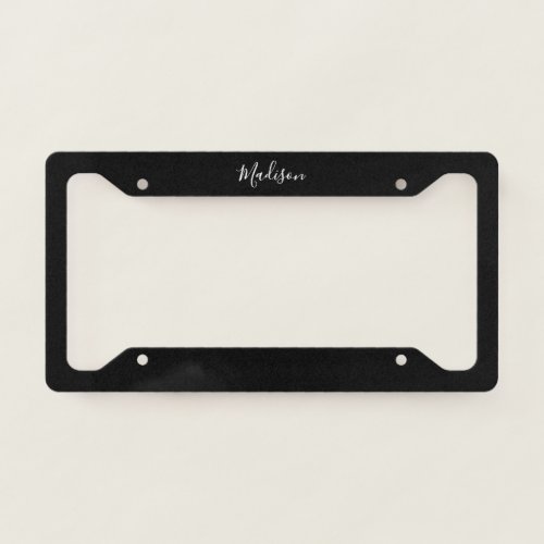 Modern Black White Script Personalized Name License Plate Frame