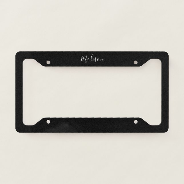 Modern Black White Script Personalized Name License Plate Frame (Front)
