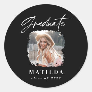 Modern black white script photo elegant graduation classic round sticker