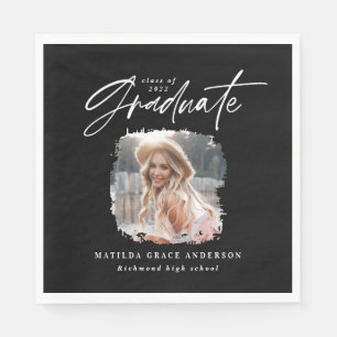 Modern black white script photo elegant graduation napkins