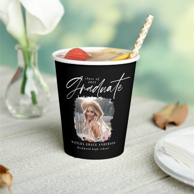 Modern black white script photo elegant graduation paper cups (Insitu)
