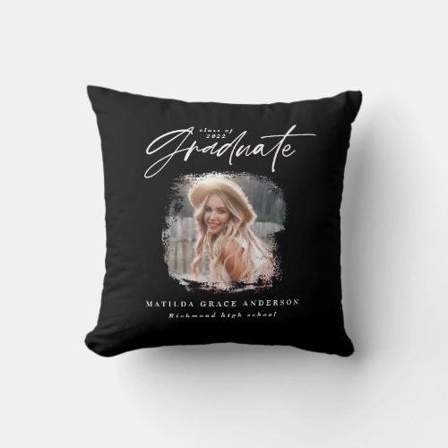 Modern black white script photo elegant graduation throw pillow