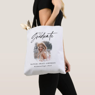 Modern black white script photo elegant graduation tote bag
