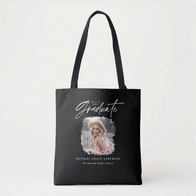 Modern black white script photo elegant graduation tote bag (Front)