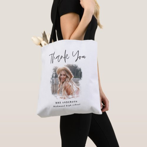 Modern black white script photo elegant teacher tote bag