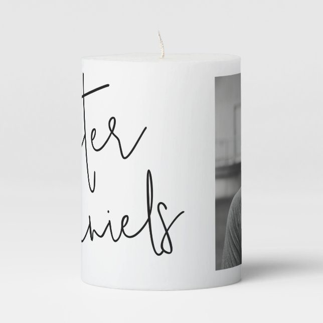 Modern Black & White Script Photo Funeral Candle (Front)