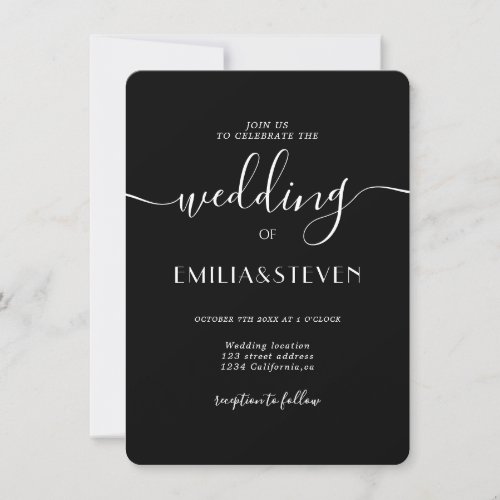 Modern black white script photo initials wedding invitation