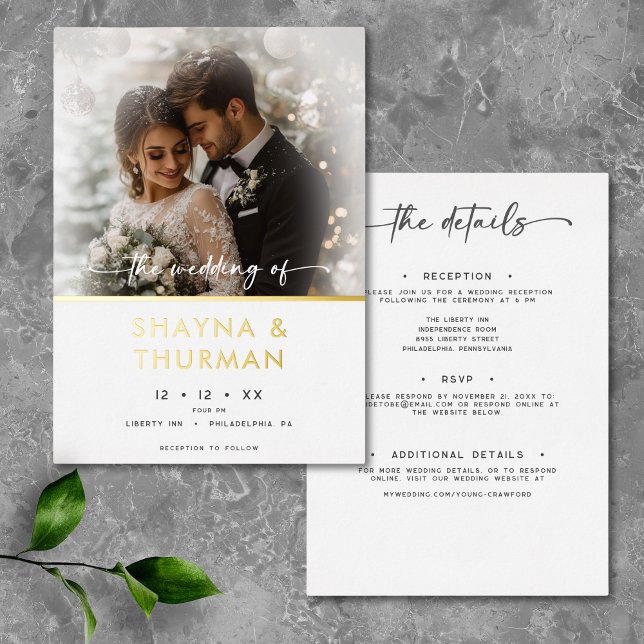 Modern Black White Script Photo Minimal Wedding Foil Invitation (Creator Uploaded)