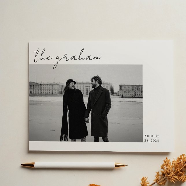 Modern Black White Script Photo Wedding Thank You Card (Creator Uploaded)