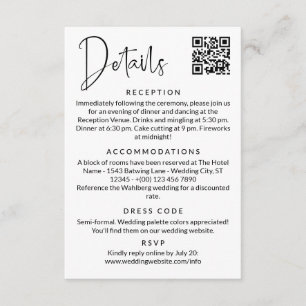 Modern Black White Script QR Code Wedding Details Enclosure Card
