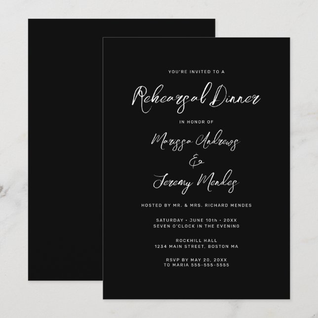   Modern Black White Script Rehearsal Dinner Invitation (Front/Back)