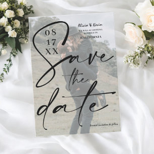 Modern black white script save the date photo invitation