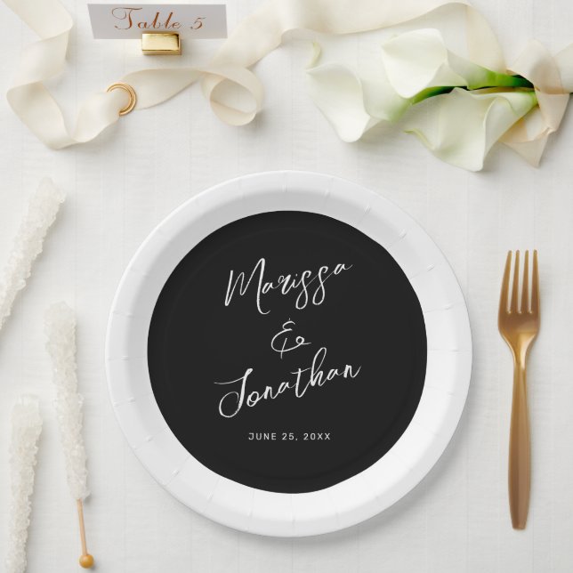 Modern Black White Script Stripe Wedding Paper Plates (Wedding)