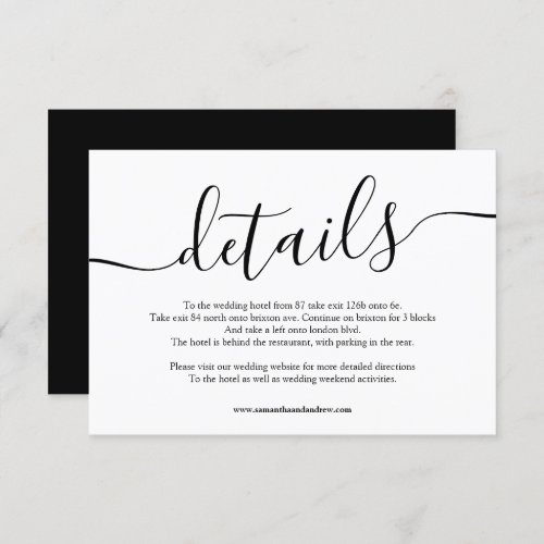 Modern black white script wedding details  enclosure card