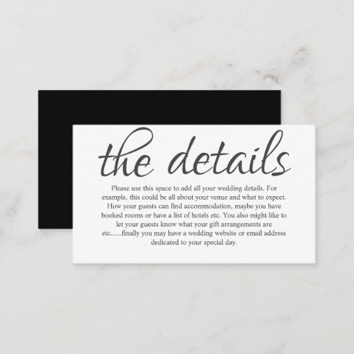 Modern Black  White Script Wedding Details Enclosure Card