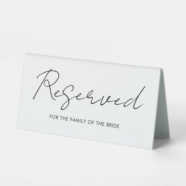 Modern Black & White Script Wedding Reserved Table Tent (Front)