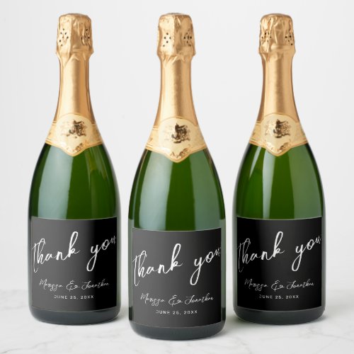 Modern Black White Script Wedding Thank You Sparkling Wine Label